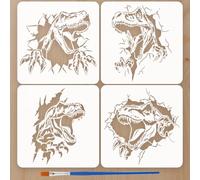 FINGERINSPIRE 4PCS Dinosaur Pattern Painting Stencils with Paint Brush 15x15cm Prehistoric Times Tyrannosaurus Template Break Down The Wall Stencil DIY Crafts Animal Theme Template for Decor
