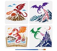FINGERINSPIRE 4Pcs Dragon Painting Stencil with Paintbrush 15x15cm Four Different Fire-Breathing Dragons Stencil Reusable Western & Chinese Dragon Flying Birds Stencils for DIY Craft, Wall Decoration