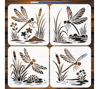 FINGERINSPIRE 4Pcs Dragonfly Pattern Stencils with a Brush 20x20cm Dragonflies and Ponds Painting Stencils PET Summer Dragonfly Stencil Animal Themes Template for Wood Floor Tile Wall DIY