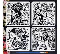 FINGERINSPIRE 4Pcs Dreamlike Women Painting Stencil with a Brush 30x30cm Dreamy Theme Stencil Abstract Women Trees Flowers Stencils for Diary Scrapbook DIY Craft, Wall Floor Fabric Decoration