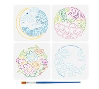 FINGERINSPIRE 4PCS Eastern Traditional Symbols Painting Stencil with 1Pc Plastic Paint Brush 15x15cm Traditional Pattern Embroidery Stencil for Painting on Wood Wall Furniture DIY Home Decor