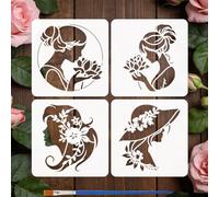 FINGERINSPIRE 4PCS Elegant Female Silhouette Painting Stencils with Paint Brush 15x15cm Lotus Flower Leaf Drawing Template Woman Silhouette Stencil Character Theme Template for Painting on Floor