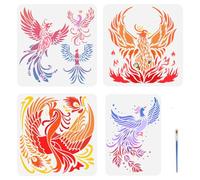 FINGERINSPIRE 4PCS Flame Phoenix Painting Stencil with 1Pc Plastic Paint Brush Reusable 4 Styles Phoenix Stencil Animal Theme Phoenix Pattern Painting Template for Painting on Wood Floor Wall Fabric