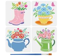 FINGERINSPIRE 4PCS Floral Container Pattern Painting Stencils with Paint Brush 15x15cm Rain Boots Teacup Teapot Template Watering Can Tulip Daisy Wildflowers Stencil DIY Daily Theme Template