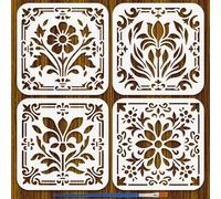 FINGERINSPIRE 4Pcs Floral Tile Stencil with a Brush 15x15cm Flower Pattern