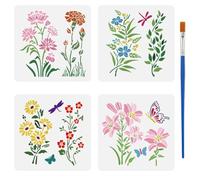 FINGERINSPIRE 4PCS Flower Branches Stencils with Paint Brush 15x15cm Daisy Lily Floral Stencils Flower Flourish Swirls Stencil Plant Theme Template for Painting on Wood Wall Canvas Furniture