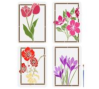 FINGERINSPIRE 4PCS Flower Photo Frame Painting Stencils with 1Pc Art Paint Brush 21x29.7cm Reusable Tulip Saffron Oriental Christmas Rose Pattern Stencil Floral Frame Stencil for Painting on Wall