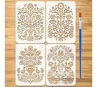 FINGERINSPIRE 4Pcs Flowers and Birds Art Decorations Stencils with a Brush 29.7x21cm Folk Art Painting Stencils Folk Themes PET Template for Painting on Wood Floor Wall Tiles Furniture DIY