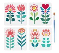 FINGERINSPIRE 4PCS Folk Art Flowers Stencils with Brush 15x15cm Reusable Floral Pattern Template Abstract Flowers Folk Art Design Stencil Folk Themes Stencil for Painting on Wood Wall Furniture