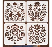 FINGERINSPIRE 4Pcs Folk Brocade Patterns Painting Stencil with Brush, 30x30cm Reusable Folk Art Templates Painting on Wood/Walls/Fabric Ideal for DIY Crafts & Home Decor