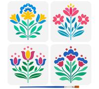FINGERINSPIRE 4PCS Folk Flowers Stencils with Brush 20x20cm Reusable Folk Art Flowers Design Template Folk Themes Stencil for Painting on Wall Wood Fabric Furniture DIY Home Decoration