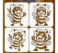 FINGERINSPIRE 4PCS Funny Bees Painting Stencil with Paint Brush 20x20cm Plastic Cartoon Style Bees Drawing Template PET Sunglasses Stencil Animal Theme Template for DIY Wall Floor Decoration