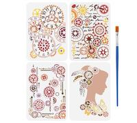 FINGERINSPIRE 4PCS Gear Theme Painting Stencils with a Brush 21x29.7cm Steampunk Stencil Clock Gear Stencil Templates A4 Size Reusable PET Stencils for Wood Wall DIY Crafts and Home Decor