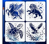 FINGERINSPIRE 4PCS Graffiti Animals Stencils with 1Pc Plastic Brush 30x30cm Pegasus Lions Turtles Eagle Pattern Stencil Water Splashes Decor Stencil Animal Theme Template for Painting on Wall Wood