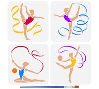 FINGERINSPIRE 4Pcs Gymnastics Painting Stencils with Brush 20x20cm Artistic Gymnast Stencil Reusable Plastic Athlete Women Stencil Drawing Template for Painting on Wood Wall Fabric Paper Furniture