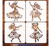 FINGERINSPIRE 4PCS Hawaiian Hula Dancer Stencils with Paint Brush 15x15cm 4 Styles Elegant Hawaiian Dancer Stencils Floral Skirts Stencil Tropical Dancers Stencil for Painting on Wood Wall Furniture