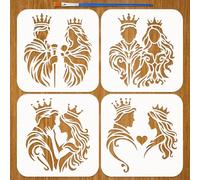 FINGERINSPIRE 4PCS King and Queen Painting Stencils with Paint Brush 15x15cm King Queen Silhouette Drawing Template Reusable Flower Heart Stencil Character Theme Template for Painting on Wood
