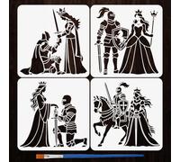 FINGERINSPIRE 4PCS Knight and Queen Stencils with Paint Brush 15x15cm Medieval Knights Stencils Knight Princess Stencil Retro Template for Painting on Wood Wall Furniture DIY Home Decoration