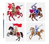 FINGERINSPIRE 4Pcs Knight Stencils for Painting with Brush, 15x15cm Reusable Knight's Lance Sword and Shield Banner Spear Painting Stencil Template for DIY Craft & Home Decor