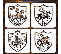 FINGERINSPIRE 4pcs Knight's Badge Stencils with Paint Brush 20x20cm 4 Styles Badges Pattern Stencil Reusable Vintage Theme Stencil for Painting on Wood Wall Fabric Furniture DIY Home Decoration