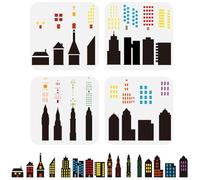 FINGERINSPIRE 4Pcs Layered City Skyline Painting Stencil Set 15x15cm PET City Building Silhouette Drawing Template Reusable Architecture and Local Theme Spraying Stencil Hollow Out House DIY Template