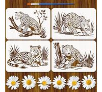 FINGERINSPIRE 4PCS Leopard Painting Stencil with Plastic Brush 21x29.7cm Nature Animal Thickened Template Branches Trees Grass Stencil Animal Theme Template for Painting on Wood Floor Furniture