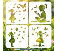FINGERINSPIRE 4PCS Little Lady and Butterfly Stencils with a Brush 20x20cm Silhouette Painting Stencil Lady Surrounded by Butterflies Drawing Templates for Painting on Wall Decor DIY Projects
