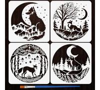 FINGERINSPIRE 4PCS Magical Forest Scene Painting Stencils with Brush 5.9x5.9inch Twining Trees Starry Accents Template Enchanted Forest Fox Stencil Whimsical Woodland Animal Theme Template for Decor
