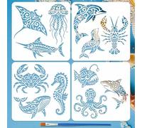 FINGERINSPIRE 4PCS Marine Creatures with Patterns Stencils with Paint Brush 30x30cm Marine Organisms Stencils Lobster Crabs Stencil Ocean Animals Template for Painting on Wood Wall Furniture