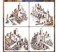 FINGERINSPIRE 4PCS Medieval Castles Painting Stencils 30x30cm | With a Brush, Large Castle Stencils Vintage Medieval Drawing Templates for Art Drawing Wall Painting DIY Craft Projects
