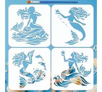 FINGERINSPIRE 4PCS Mermaid Stencils with Paint Brush 20x20cm 4 Styles Reusable Mermaid Pattern Stencils Ocean Animals Template for Painting on Wood Wall Fabric Furniture DIY Home Decoration
