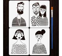 FINGERINSPIRE 4PCS Minimalist People Painting Stencils with Paint Brush 15x20cm Reusable Modern Portrait Template Abstract Figures Stencil Character Theme Template for Painting on Wall Floor