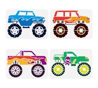 FINGERINSPIRE 4PCS Monster Truck Stencil - 8.3x11.7 inch Reusable Plastic PET Large Wheel Drawing Template with Skull Pattern and Vehicle Theme