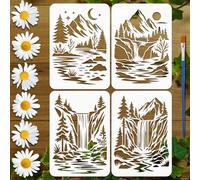 FINGERINSPIRE 4PCS Mountains Waterfalls Stencils with 1Pc Brush 21x29.7cm Mountain Landscape Stencils Waterfalls Nature Scenery Painting Template for Painting on Wood Wall Fabric Furniture