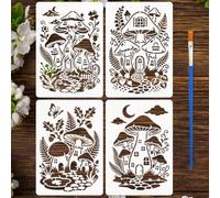 FINGERINSPIRE 4PCS Mushroom House Painting Stencils with Paint Brush 21x29.7cm Reusable Moon Cloud Template Plastic Butterfly Vines Stencil Fantasy Theme Template for Painting on Wall Floor