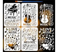 FINGERINSPIRE 4Pcs Music Notes Stencils with Paintbrush 29.7x21cm 4 Styles Reusable Musical Instrument Stencils Piano & Guitar Stencil for Painting on Furniture Wood Canvas Paper Wall Fabric