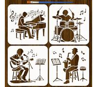 FINGERINSPIRE 4Pcs Musical Instrument Performance Stencils with Paintbrush 20x20cm Piano Player Stencil Drummer Silhouette Stencil Music Theme Craft Stencils for Painting on Wall Fabric Canvas