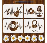 FINGERINSPIRE 4PCS Musical Stencils 29.7x21CM Music Heartbeat Stencils Guitar Headphone Pattern Drawing Templates with a Brush for Fabric Painting Wood Decor DIY Home Crafting