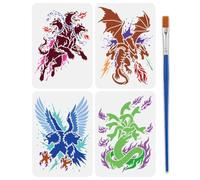 FINGERINSPIRE 4PCS Mythological Animal Stencils with a Brush 21x29.7cm Multi-Headed Creatures Stencils Cerberus Hydra Dragon Template for Walls Furniture DIY Art Projects