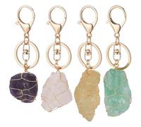 FINGERINSPIRE 4Pcs Natural Quartz Crystal Stone Keychain 4 Styles Wire Wrapped Irregular Rough Gemstone Amethyst Rose Quartz Fluorite Citrine Crystal Stone Keychain with Alloy Rings for Women Men Gift