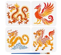 FINGERINSPIRE 4PCS Oriental Animals Stencils with 1Pc Plastic Brush 20x20cm Chinese Dragons Drawing Stencils Phoenixes Stencil Oriental Qilins Stencil Animal Theme Template for Painting on Wall Wood