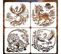 FINGERINSPIRE 4Pcs Oriental Animals Stencils with a Brush 30x30cm Phoenix Painting Stencils Qilin Pattern Stencil White Tiger Stencil Crane Template PET Animal Themes Template for Floor Wall DIY