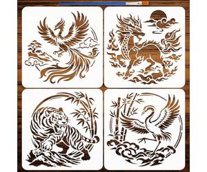 FINGERINSPIRE 4Pcs Oriental Animals Stencils with a Brush 30x30cm Phoenix Painting Stencils Qilin Pattern Stencil White Tiger Stencil Crane Template PET Animal Themes Template for Floor Wall DIY