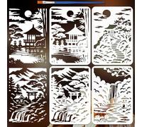 FINGERINSPIRE 4PCS Oriental Landscape Painting Stencil with Paint Brush 21x29.7cm Decorative House Tree Drawing Template Sun Clouds Stencil Oriental Theme Template for Wall Floor Decoration