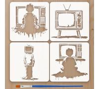 FINGERINSPIRE 4PCS People and Television Painting Stencils with Paint Brush 30x30cm Plastic Graffiti TV Templates Reusable People Back View Stencils Graffiti Theme Template for Wall Decoration