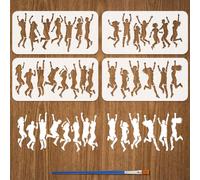 FINGERINSPIRE 4PCS People Jump Painting Stencil with Paint Brush 15x30cm Reusable Human Silhouette Template Plastic PET Character Theme Stencil for Painting on Wood Floor Furniture Decoration