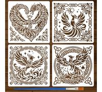 FINGERINSPIRE 4PCS Phoenix Painting Stencils with a Brush 30x30cm Fire Phoenix Bird Stencils Mystical Theme Template with Flame Celtic Knot Background for Crafts Fabric Furniture DIY Decor