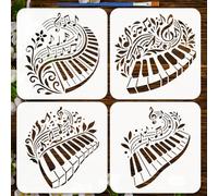 FINGERINSPIRE 4PCS Piano Keys Painting Stencil with Paint Brush 20x20cm Plastic Music Notes Drawing Template PET Flowers Vines Stencil Musical Theme Template for DIY Crafts Wall Floor Decoration