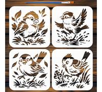 FINGERINSPIRE 4Pcs Playing Birds Plants Painting Stencils with Paintbrush 15x15cm Reusable Birds are Playing Stencil Bird Animal Silhouette Stencil for Painting on Wood Wall Furniture Card Fabric