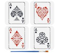 FINGERINSPIRE 4PCS Playing Cards Painting Stencil with 1Pc Plastic Paint Brush 15x15cm Playing Card Suits Stencil Plastic Hearts Clubs Diamonds Spades Pattern Template DIY Art Craft Home Wall Decor